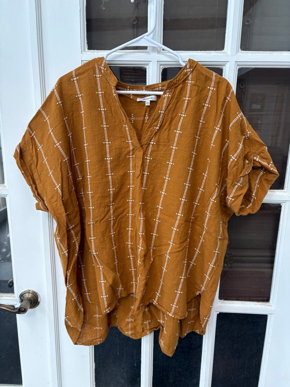 018 Madewell Rust V-Neck Tunic Top with White Stitching